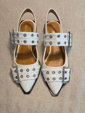 Pointed White Slingback Mules with Studded Buckle Straps